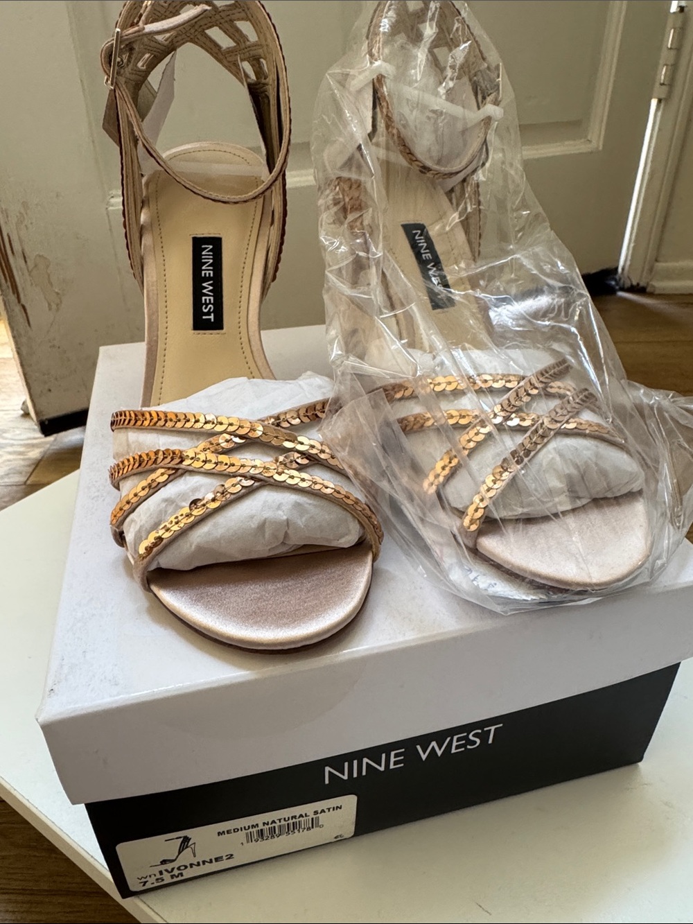 Nine West Gold Sequin Strap Open-Toe Heels